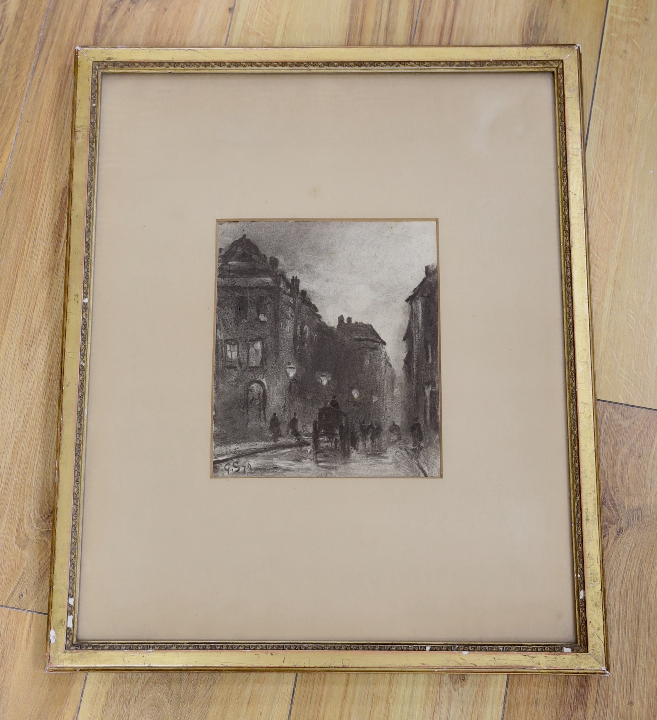 George Sheffield (1839-1892), charcoal drawing, Street scene at night, initialled and dated '79, 21 x 18cm